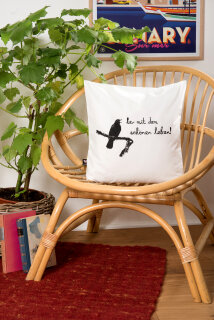 Bio-Kissenbezug her mit mit dem schönen leben mit Amsel, weiß 40x40 cm
